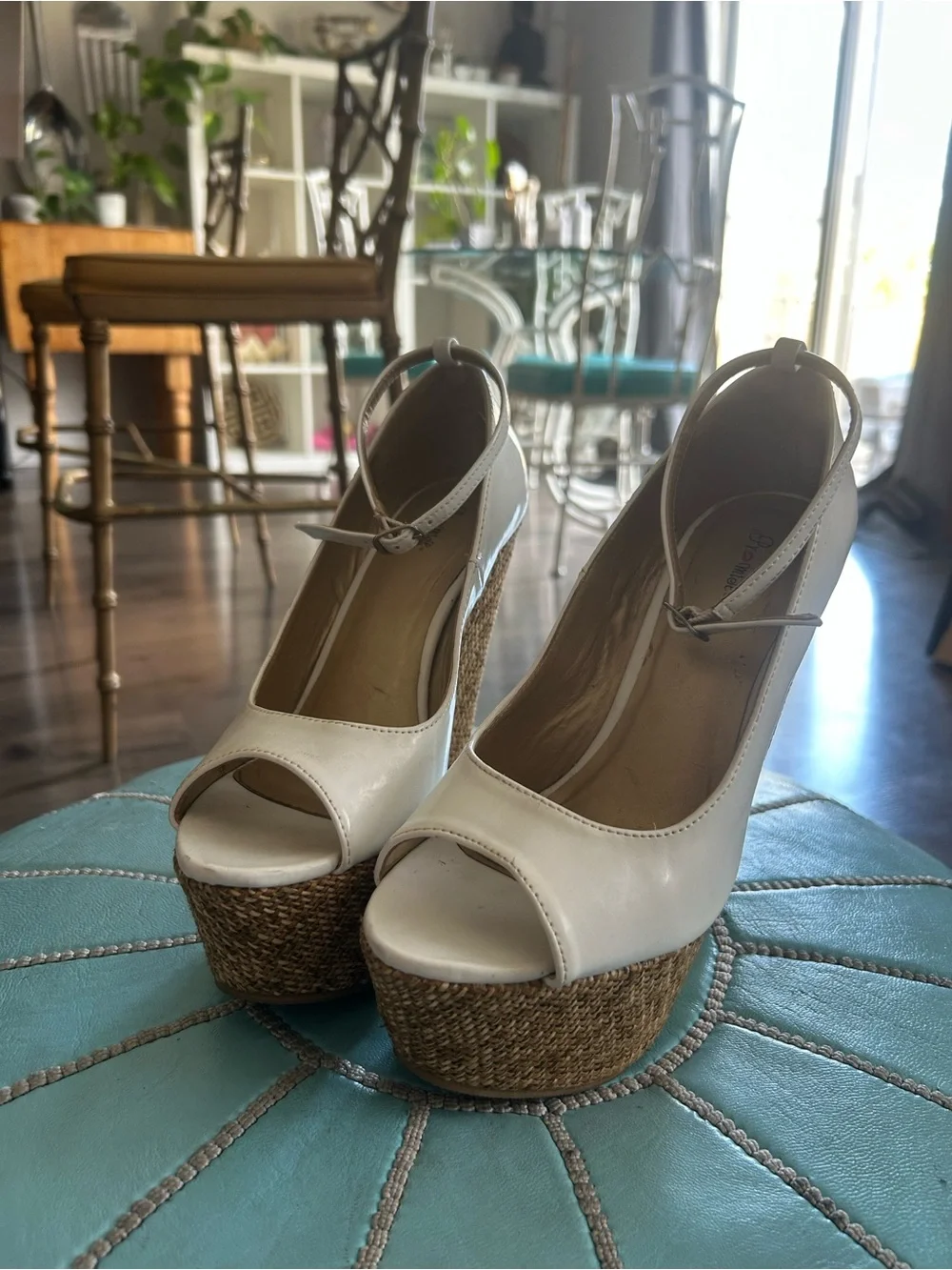 JustFab White Espadrille Wedge Peep-Toe with Ankle Strap